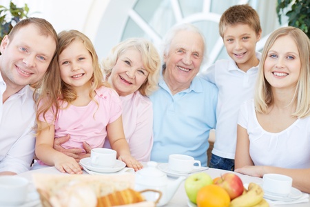 Portrait of senior and young couples with their children having dinner at homeの写真素材