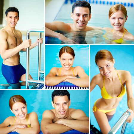 Image of young male and female looking at camera in swimming pool