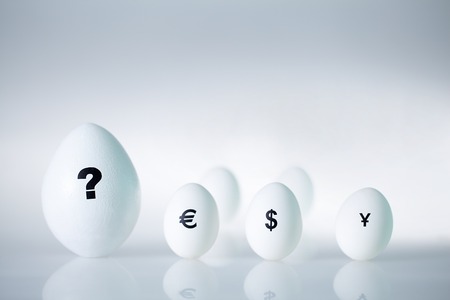 Close-up of big egg with question mark on it and several small eggs with currency signsの写真素材