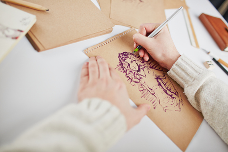 Image of picture of beautiful young female being drawn by manの写真素材
