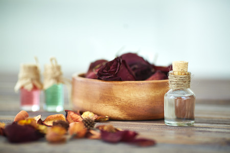 Close-up of vials with rose essence