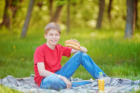 Handsome boy in casual clothes eating sandwich on green lawnの写真素材