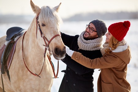 Happy couple in winterwear looking at horse in natural environmentの写真素材