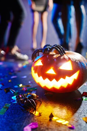 Jack-o-lantern and spider at nightclubの写真素材
