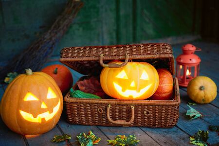 Jack-o-lanterns in wattled suitcaseの写真素材