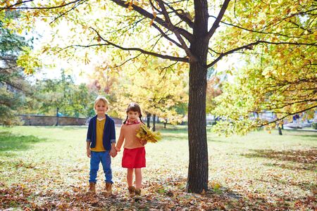 Cute little friends walking in parkの写真素材