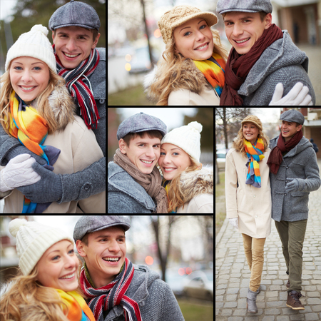 Happy young couple having walk in urban environmentの写真素材