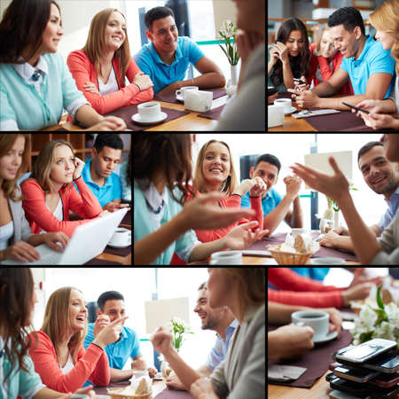 Happy teenage friends spending free time in cafe