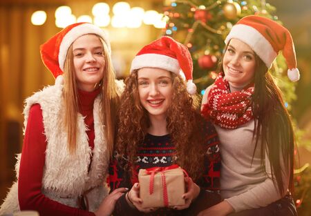 Happy girls in Santa caps looking at camera on Christmas eveningの写真素材