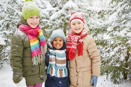 Three adorable girls looking at camera in winter parkの写真素材