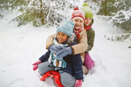 Little girls sitting on sledge in winter park