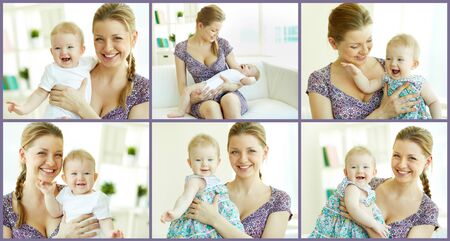 Collage of images of young mother with little childの写真素材