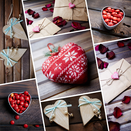 Collage of decorated hearts and letters on the tableの写真素材