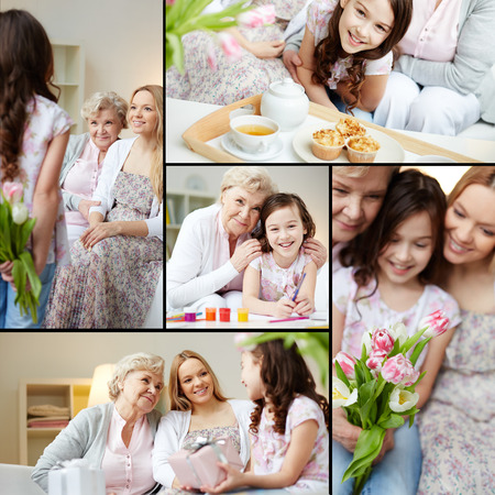 Little girl congratulating her grandma and mother with Mothers Dayの写真素材