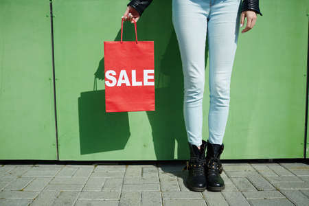 Female legs and shopping bag in handsの写真素材
