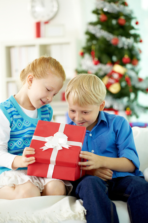 Children opening Christmas gift with curiosityの写真素材