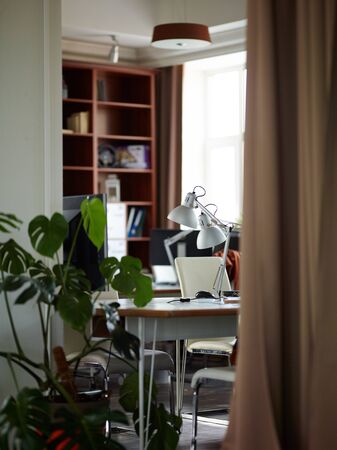 Home like interior in brown tones of empty office room  with plants and curtainsの写真素材