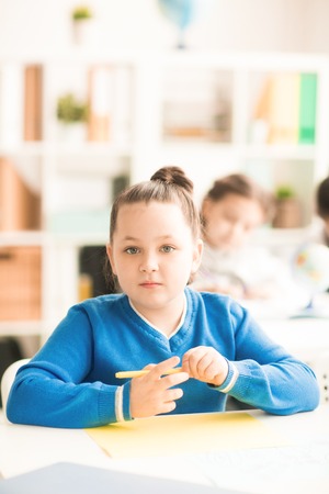 Portrait of schoolgirl sitting at the desk and studying at schoolの写真素材