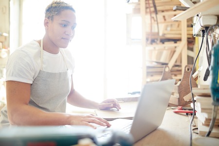 Female carpenter using laptopの写真素材