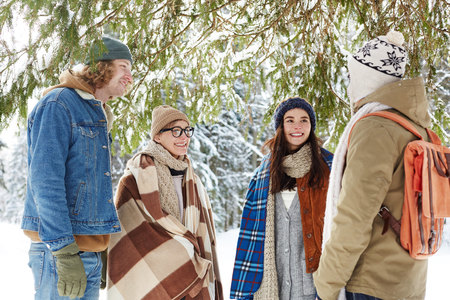 Portrait of two modern young couples in winter forest talking to each other standing under snowy fir treeの写真素材