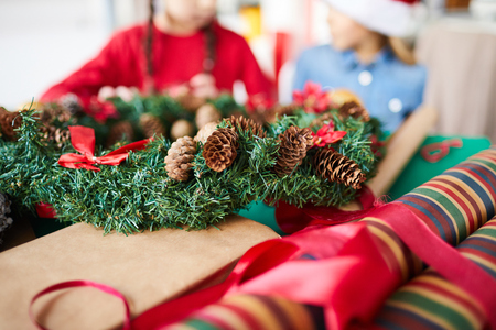 Wreath and wrapping paperの写真素材