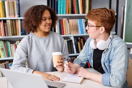 Young intercultural teenage couple preparing homeworkの写真素材