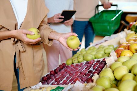 Young woman in beige trenchcoat holding two ripe granny smith applesの写真素材