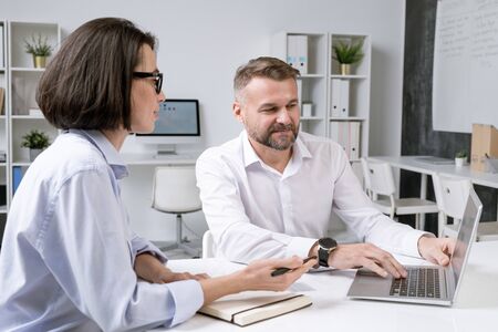 Young brunette businesswoman and her colleague discussing presentation