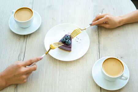 Hands of two girls with forks taking piece of tasty blueberry cheesecake on plate while having cappuccino in cafeの写真素材