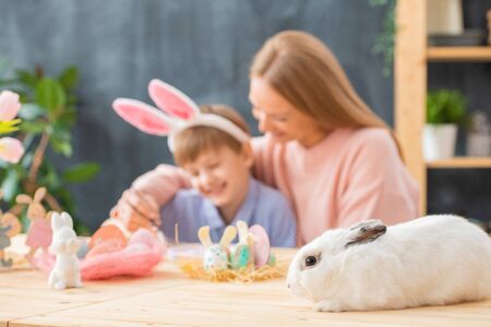 Close-up of white fluffy rabbit lying on wooden table with Easter decorations, mother hugging son in backgroundの写真素材