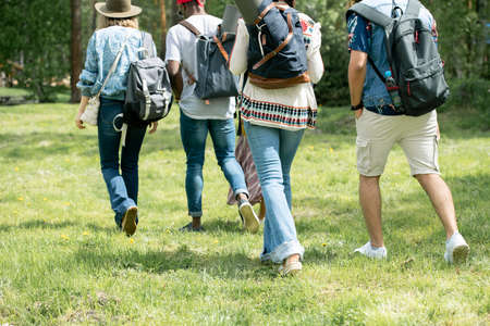 Rear view of young tourists walking on grass and carrying satchels while hiking togetherの写真素材