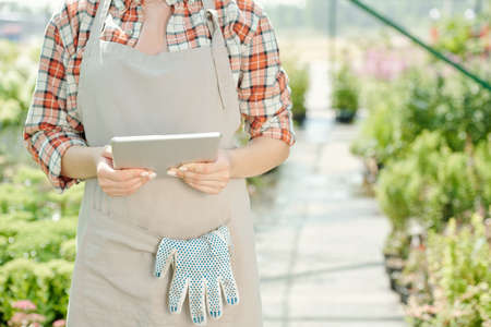 Midsection of young contemporary female worker of greenhouse holding touchpad