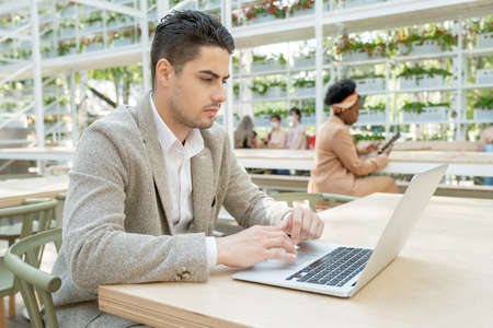 Young businessman looking at laptop display while watching online conference