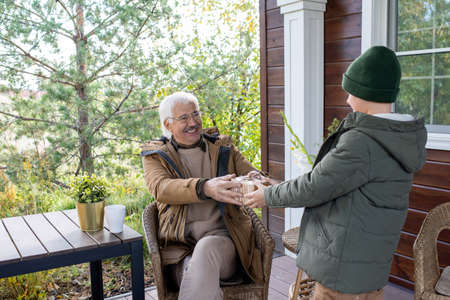 Joyful grandfather passing birthday surprise in giftbox to his grandsonの写真素材