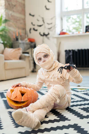 Portrait of mysterious boy dressed up mummy costume sitting on carpet and leaning on jack-o-lantern while holding spider toyの写真素材