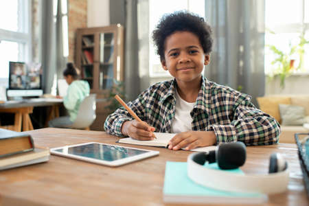 Adorable happy schoolboy of African ethnicity looking at you while making notes