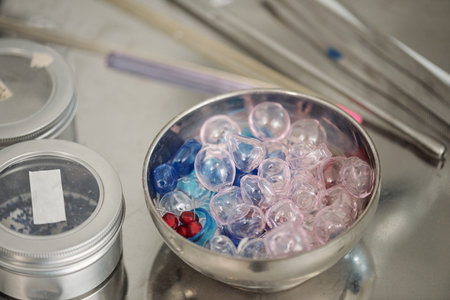 Metallic bowl full of glass workpieces of various shapes and colors on table