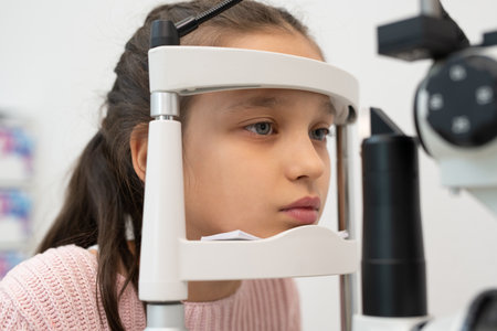 Face of elementary schoolgirl sitting in front of ophthalmological equipment
