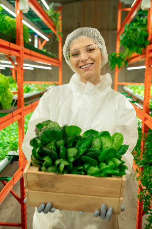 Young smiling female agroengineer with green spinach seedlings looking at you