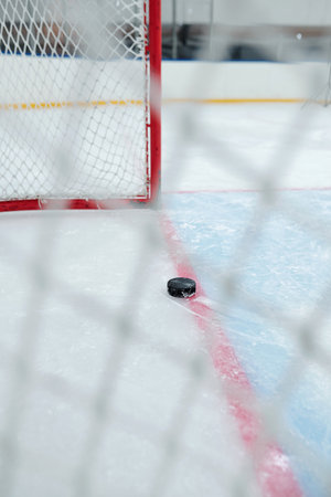Puck on line dividing play space and zone of net on the rink for playing hockeyの写真素材