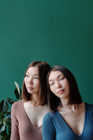 Young twin sisters of Asian ethnicity with dark hair relaxing in front of cameraの写真素材
