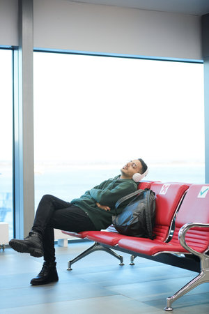 Waiting in airport terminalの写真素材