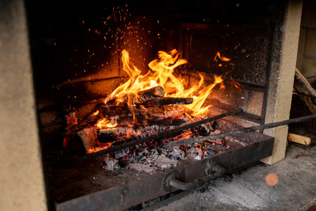 Sparkling firewood burning inside fireplace of contemporary country house