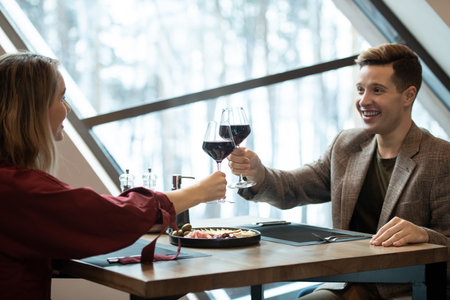 Happy young man looking at his girlfriend while clinking by glasses of red wineの写真素材
