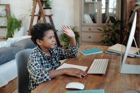 Happy little schoolboy sitting by table in front of computer monitor and waving hand to his teacher