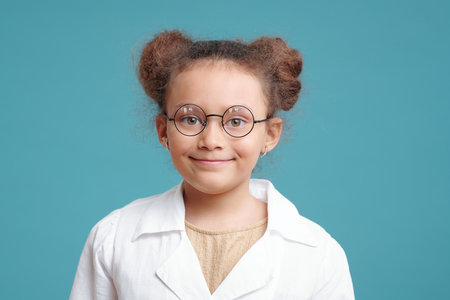 Portrait of cute little girl in eyeglasses smiling at camera against the blue backgroundの写真素材