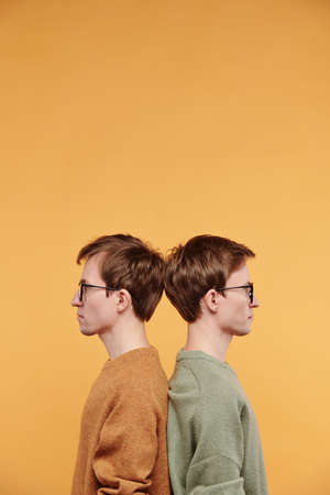 Profile view of serious young redhead twins in eyeglasses standing back to back against orange backgroundの写真素材