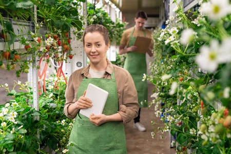 Happy female holding digital tablet while working in vertical farmの写真素材