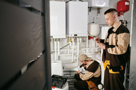 Young repairman using digital tablet against his colleague repairing pipesの写真素材