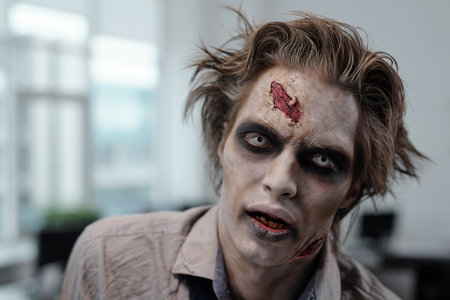 Face of gloomy male zombie with stage makeupの写真素材